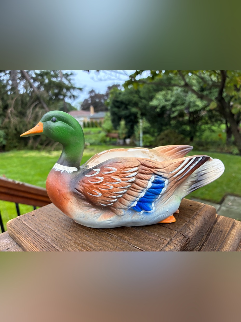 Vintage Napco Decorative Ceramic Duck Planter in Green and Brown